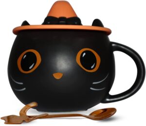 Brewish Cat Mug for Kitty Lovers | Cute Cup with a Witch Hat Lid & an Adorable Spoon | Ceramic Coffee & Tea Mugs | Gift for Cat Mom, Dad, Women, Kids | 12 oz, Black