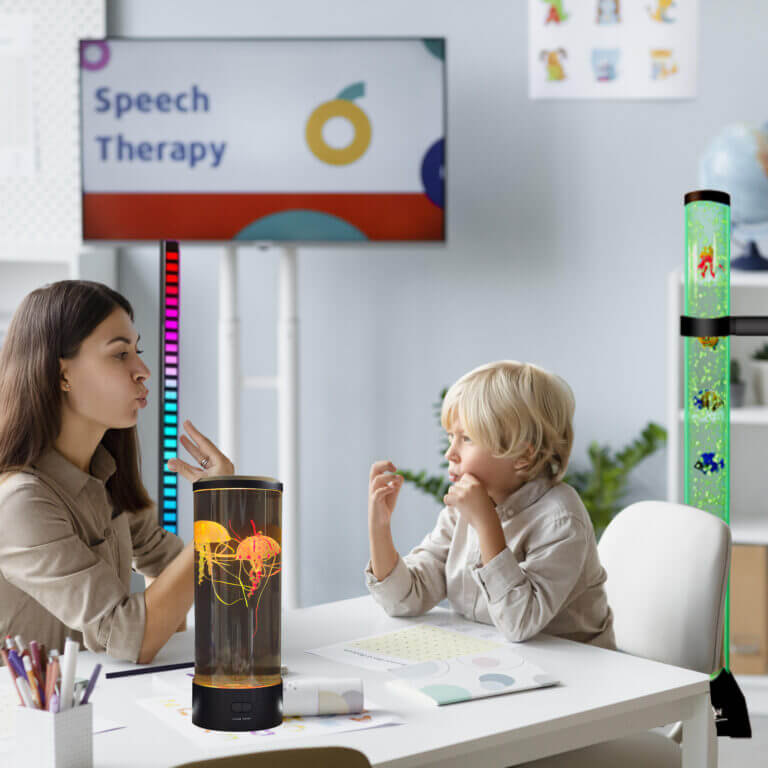 child studied concentrately with the help of sensory lamps